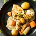 An overhead shot of a plate of Herb Roasted Chicken and Fennel, with some more fennel fronds on the table.