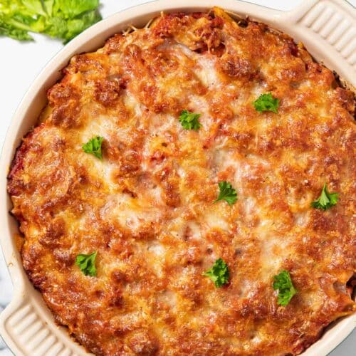 Feature image for Baked Penne with Italian Sausage, showing the golden top of the dish.