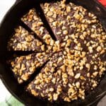 Feature image for chocolate and beetroot brownies, showing it in a pan, ready for serving.