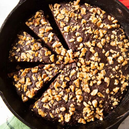 Feature image for chocolate and beetroot brownies, showing it in a pan, ready for serving.