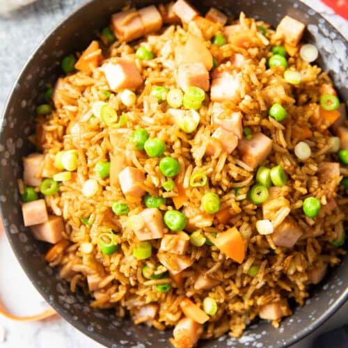 Latest (Apr23) feature image for Easy Ham Fried Rice, showing it served on a plate.