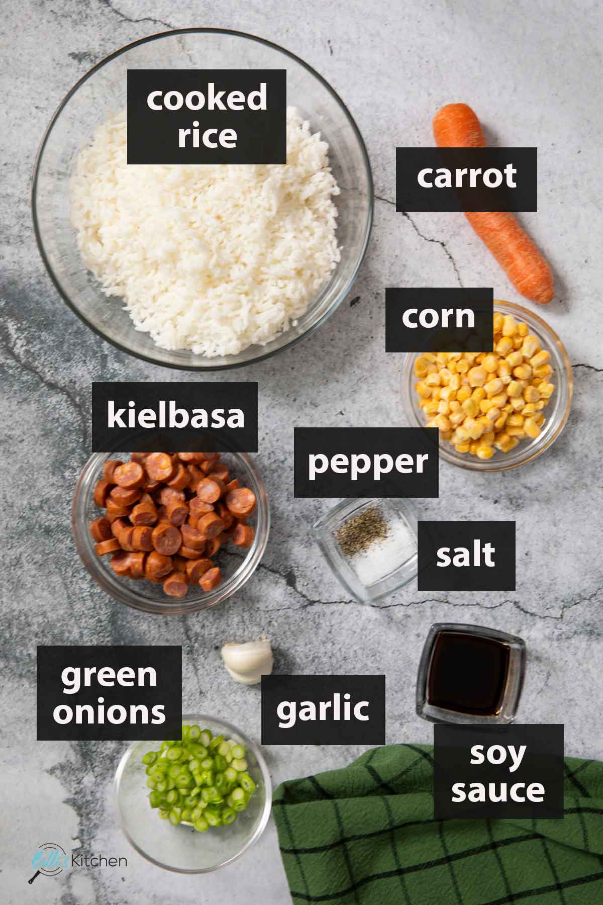 All the ingredients you need to make fried rice with kielbasa.