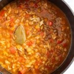 Easy lentils and rice in a pan, ready for transferring into serving plates.