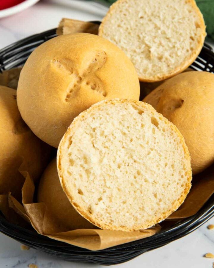 A closer shot of the inside of buns with yogurt, highlighting its texture.