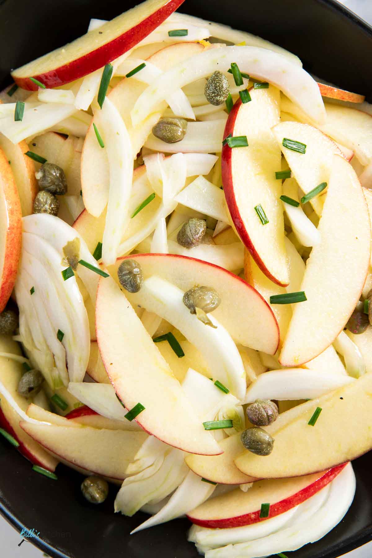 A closer shot of fennel and apples, with the rest of the salad ingredients.