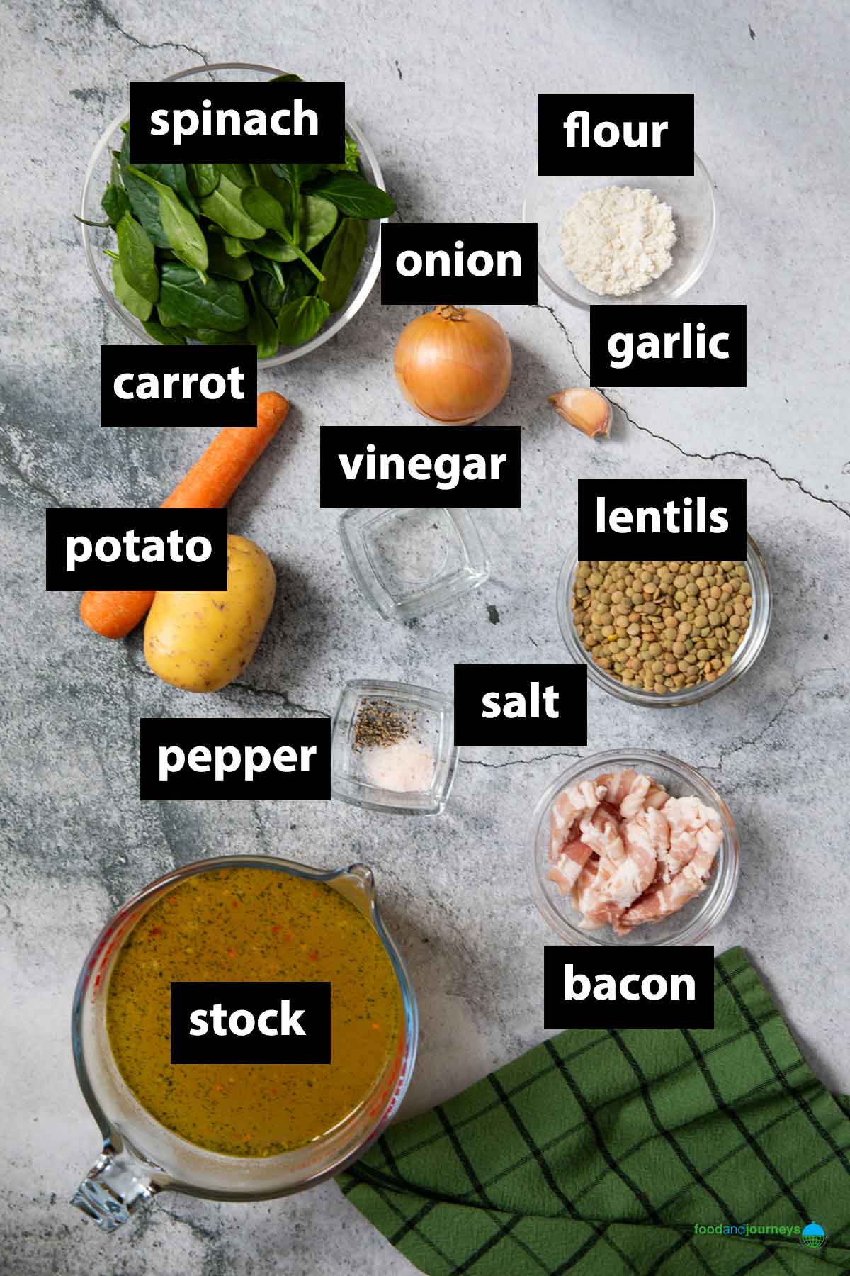 All the ingredients you need to make homemade lentil soup with bacon.